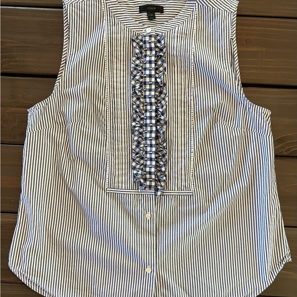 J. Crew Blue and White Ruffled Cotton Sleeveless Blouse NWOT